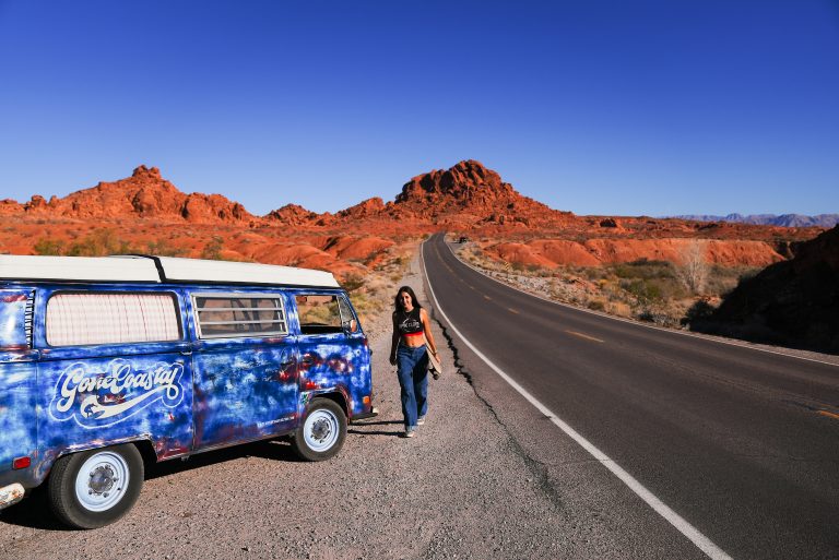 VW bus driving valley of fire with Daphne Severn